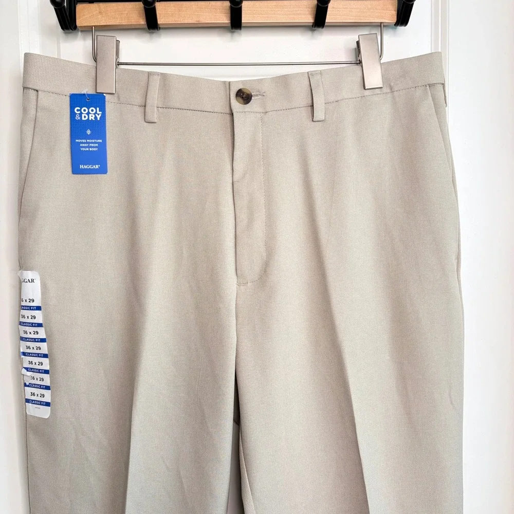 Haggar Cool Right Performance Flex Mens Pants 36x29 Beige Classic Fit Brand New